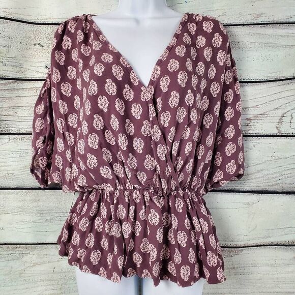 LASCANA VENUS Women’s Peplum Blouse Size L Purple Boho Print V-Neck 3/4 Sleeve V - Picture 1 of 7